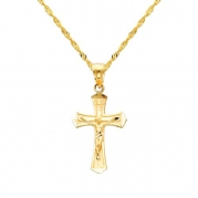 14K Yellow Gold Jesus Cross Religious Charm Pendant with Yellow Gold 1.2mm Singapore Chain with Spring Ring Clasp - Pendant Necklace Combination (Different Chain Lengths Available)