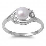 Sterling Silver Pearl & Cz Ring (Size 4 - 9) - Size 5