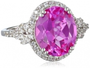 Sterling Silver Oval Shape Created Pink Sapphire with Round Created White Sapphire Ring, Size 7