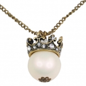 Fashion Vintage Pearl Crown Pendant Long Chain Necklace
