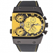 Men Oulm Luxury Military Army Sport Watch 3 Multiple Time Zones Yellow Dial Quartz Movement Black Leather