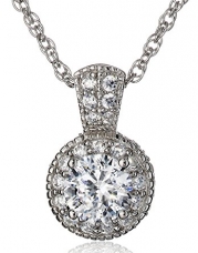 Platinum Plated Sterling Silver 100 Facets Collection Round Cubic Zirconia Antique-Style Pendant Necklace