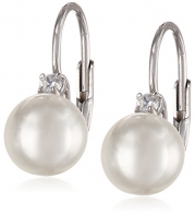 Sterling Silver, White Simulated Shell Pearl, and Cubic Zirconia Lever-Back Earrings (8 mm)