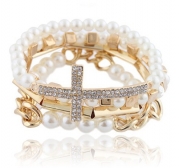 Ivory with Goldtone 4 Piece Bundle of Iced Out Cross, Link & Bar Chain Beaded Stretch Bracelet
