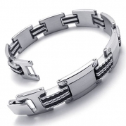 KONOV Jewelry Mens Stainless Steel Rubber Bracelet, Polished Links Wrist, Silver Black