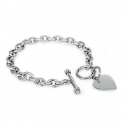Stainless Steel Trendy Cable Chain Bracelet with Heart Charm and Toggle Clasp Closure, High Polished Finished (Length: 7.5)