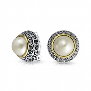 Bling Jewelry Two Tone Simulated Pearl Clip On Earrings Rhodium Plated