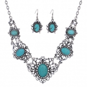 Yazilind Hollow Tibetan Sliver Green Rimous Oval Turquoise Bib Collar Earrings Necklace Jewelry Set Women