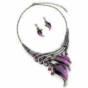 Silvertone Purple Leaf Statement Necklace and Earrings Set