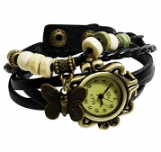 Elite Charm Butterfly Pendant Quartz Fashion Weave Wrap Leather Bracelet Womens Wrist Watches (Black)