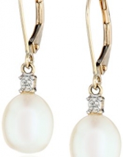 10k Yellow Gold Freshwater Cultured Pearl with Diamond-Accented Drop Earrings (10.5-11 mm)