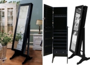 Black Mirrored Jewelry Cabinet Armoire Stand, Mirror, Necklaces, Bracelets, Rings