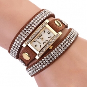 Women's Vintage Square Dial Rhinestone Weave Wrap Multilayer Leather Bracelet Wrist Watch (Coffee)