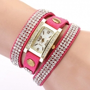 Women's Vintage Square Dial Rhinestone Weave Wrap Multilayer Leather Bracelet Wrist Watch (Rose Red)