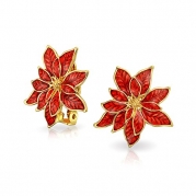 Bling Jewelry Gold Plated Poinsettia Flowers Simulated Ruby Enamel Clip On Earrings