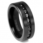 Men's Black Titanium Ring Wedding Engagement Band With 9 Large Channel Set Black CZ, 8mm Sz 7.0