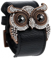 Black Leather and Crystal Owl Cuff Bracelet