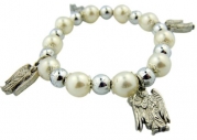 Womens Girls Catholic Jewelry Gift 10MM Imitation Pearl Bead with Holy Angels Michael Uriel Gabriel Raphael Silver Tone Charm 7 1/2 Stretch Bracelet with Story Card