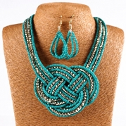 18K Gold Twist Small Beaded String Torsade Multiple Rows Necklace Earrings Set
