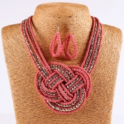 18K Gold Twist Small Beaded String Torsade Multiple Rows Necklace Earrings Set