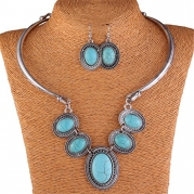 Tibet Silver Collar Choker Turquoise Blue Bead Stone Necklace Earrings Set