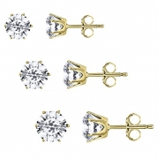 Sterling Silver Yellow Gold Plated Set of 3 Round White Zirconia 4mm, 6mm and 8mm Stud Earrings Set