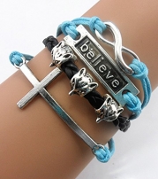 Twinkle Handmade Infinity Cross Fox Head Believe Charm Friendship Gift Leather Bracelet