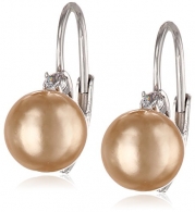Sterling Silver 8mm Champagne Shell Pearl and Cubic Zirconia Lever Back Earrings
