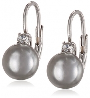 Sterling Silver 8mm Gray Shell Pearl and Cubic Zirconia Lever Back Earrings
