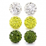 Value Pack, Bling Bling Rhinestones Crystal Fireball Disco Ball Ball Stud Earrings, Stainless Steel, Hypoallergenic (Set H. 6mm x 3 Pairs (White, Yellow, Green))