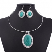 Chunky Oval Turquoise Tibet Silver Pendant Torque Necklace Earrings Choker Set