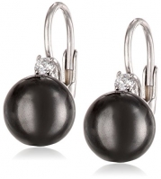 Sterling Silver 8mm Black Shell Pearl and Cubic Zirconia Lever Back Earrings