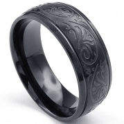 KONOV Jewelry Mens Stainless Steel Ring, Engraved Florentine Design Charm 8mm Band, Black, Size 9