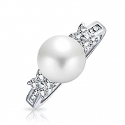 Bling Jewelry CZ Flower Freshwater Cultured Button Pearl Engagement Ring 8mm Rhodium Plated