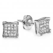 0.05 Carat (ctw) Platinum Plated Sterling Silver Round Diamond V Prong Square Shape Men's Hip Hop Iced Stud Earrings