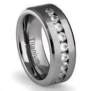 8MM Men's Titanium Ring Wedding Band with Flat Brushed Top and Channel Set CZ [Size 8.5]