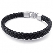 KONOV Jewelry Mens Leather Bracelet, Braided Bangle, Black