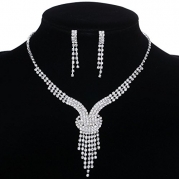 Yazilind Shining Clear Crystal Silver Plated Bridal Jewelry Sets Y-Shaped Necklace and Earrings