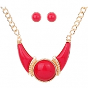 Yazilind Retro Gold Plated Embossed Red Resin Bib Collar Necklace Earrings Jewelry Set