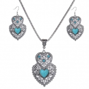 Yazilind Vintage Tibetan Silver Pretty Heart Turquoise Necklace and Earrings Jewelry Set