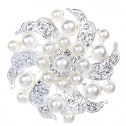 Yazilind Silver Plated Full Faux Pearl Flower Crystal Wedding Bridal Party Brooches Pin