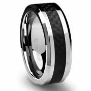 8MM Men's Titanium Ring Wedding Band Black Carbon Fiber Inlay and Beveled Edges [Size 7]