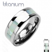 Solid Titanium Ring with Centered Mother of Pearl Inlayed Comfort Fit Band, Ring Width of 6MM