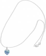 AB Aqua Crystal Heart Imitation March Birthstone Necklace for Teen Girls-Women-16 inch Silver Color Chain