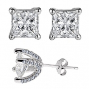 Wow Designer Inspired Sterling Silver 925 Earrings 3.00 Carat Diamond Simulated Princess Cut Stones Set in Heavy Handmade and Handset Pave Settings
