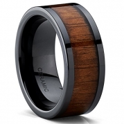 Black Ceramic Flat Top Wedding Band With Ring with Koa Wood Inlay, 9MM Comfort Fit, Size 10