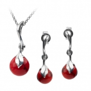 Sterling Silver Imitation Red Turquoise Round Berry Earrings Pendant Set Chain 18 Inches