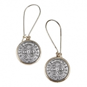 Womens Religious, Catholic & Inspirational Medal of St. Benedict Upside Down Hoop Earrings •Features: * Antique Silver/antique Gold Plating * Medal of St. Benedict * Upside Down Hoop Earrings •Antique Silver Medals of St. Benedict Set in Antique Gold 