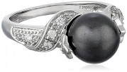 Sterling Silver 9mm Black Shell Pearl and Cubic Zirconia Ring, Size 5
