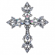 Sparkling Cross Brooch Pin with Aurora Borealis and Clear Crystals